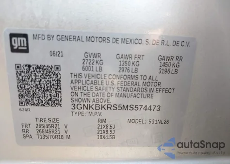 2021 Chevrolet Blazer Awd Rs из США, поврежденный, VIN 3GNKBKRS5MS574473